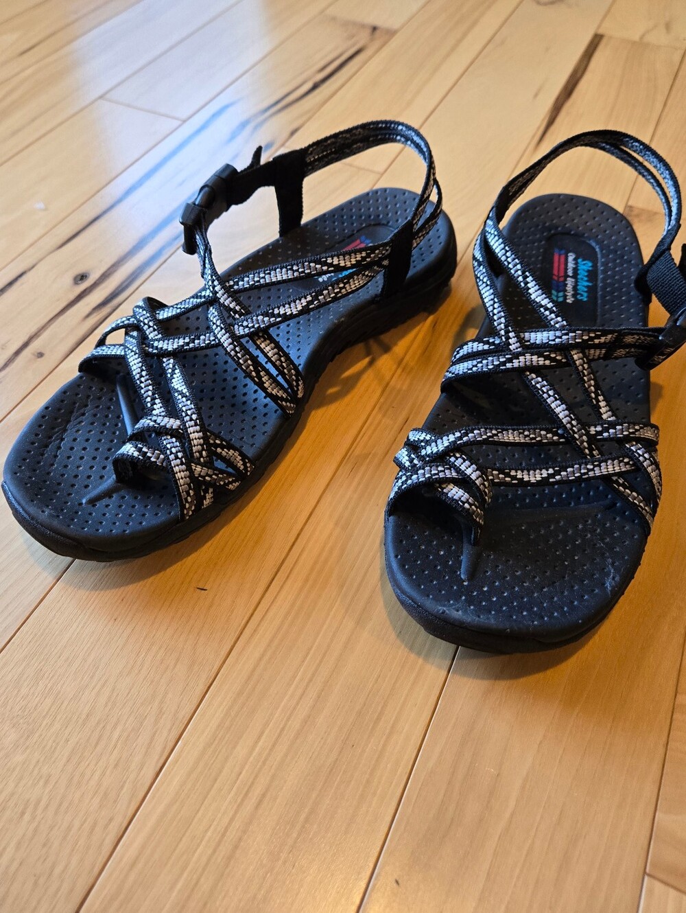 Skechers Women's Black Strappy Sandals with White Accented Webbing